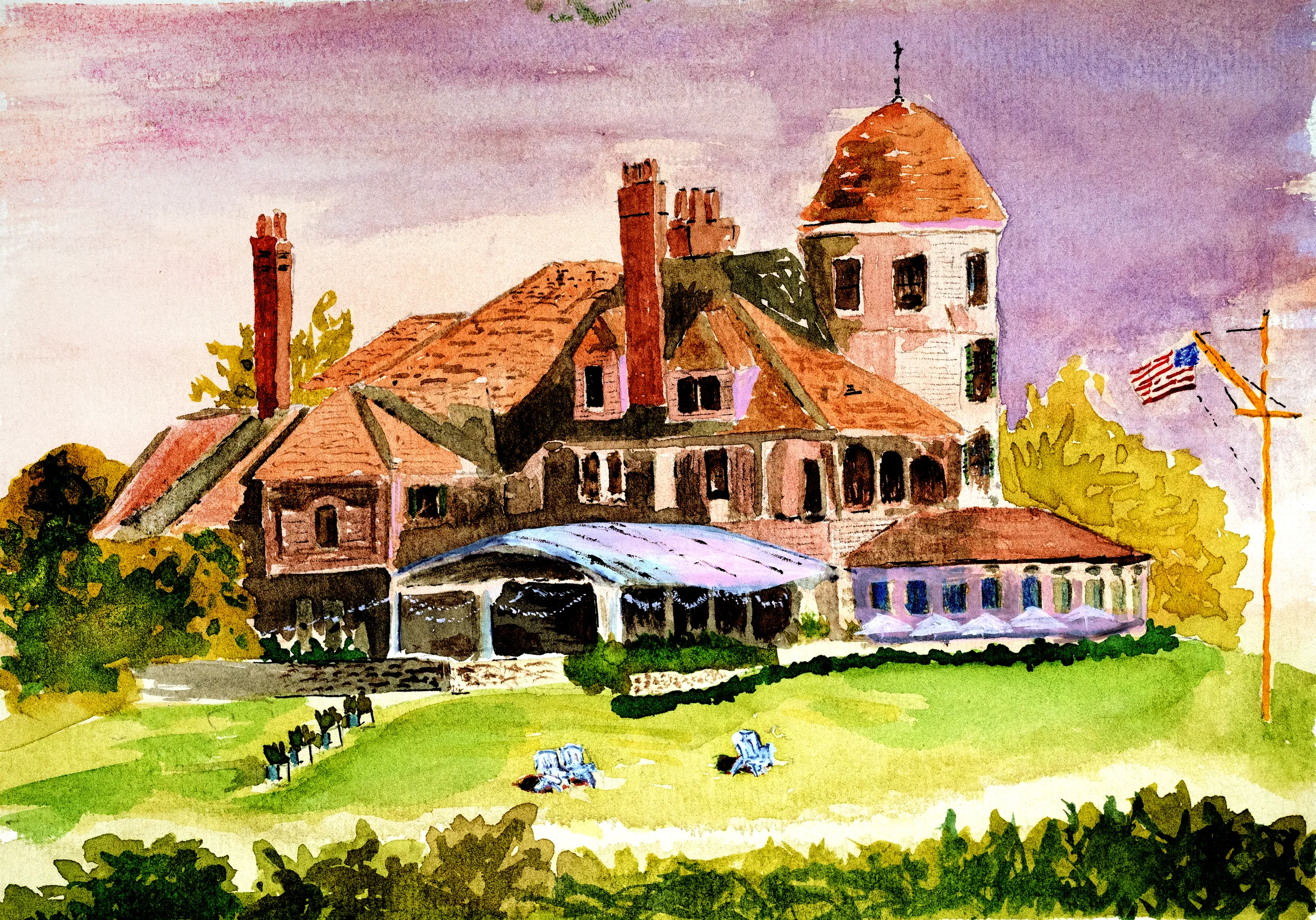A watercolor of Newport's Castle Hill Inn at sunset