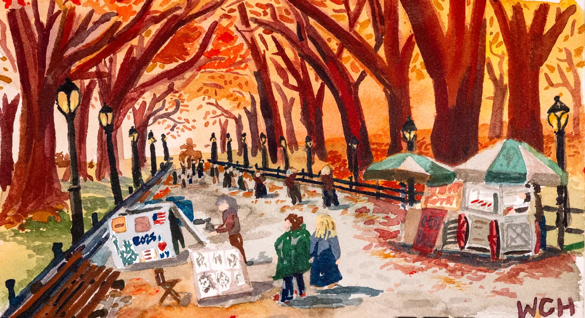 A watercolor of a couple walking along Central Park's mall