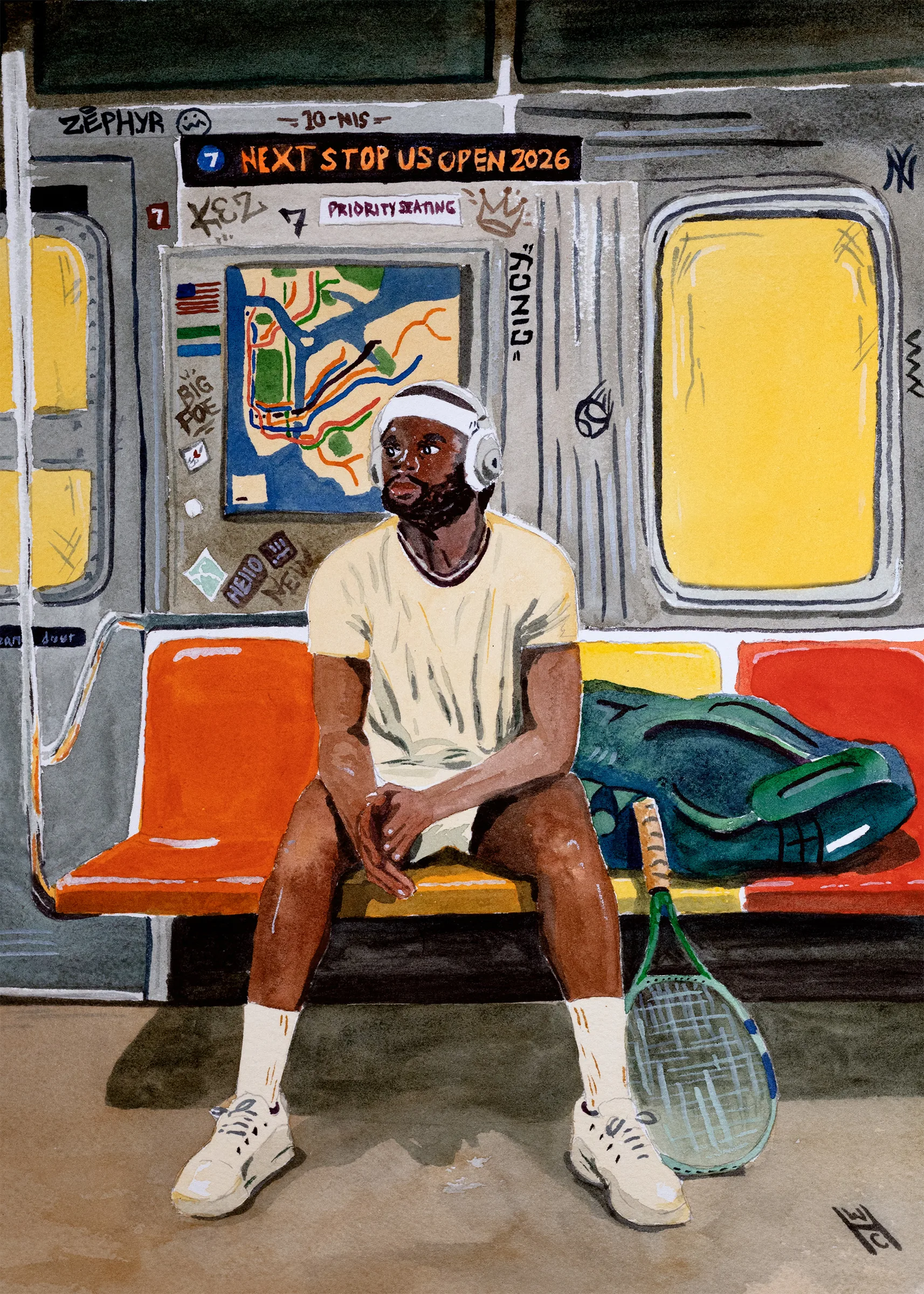 Tennis player Frances Tiafoe sits with racquet and bag on the 7 train; next stop: U.S. Open 2026
