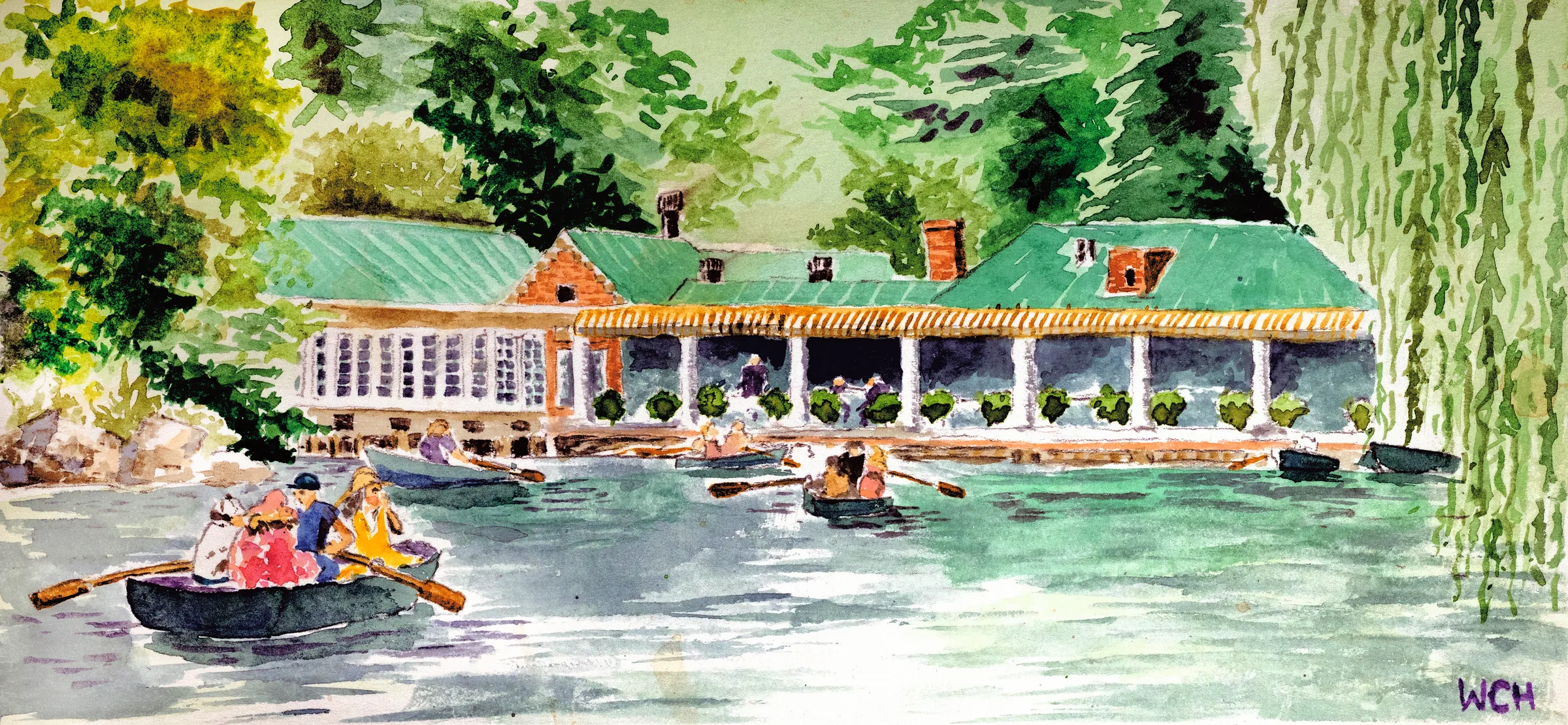 A colorful watercolor painting of row boats on the pond in front of the boathouse in Central Park
