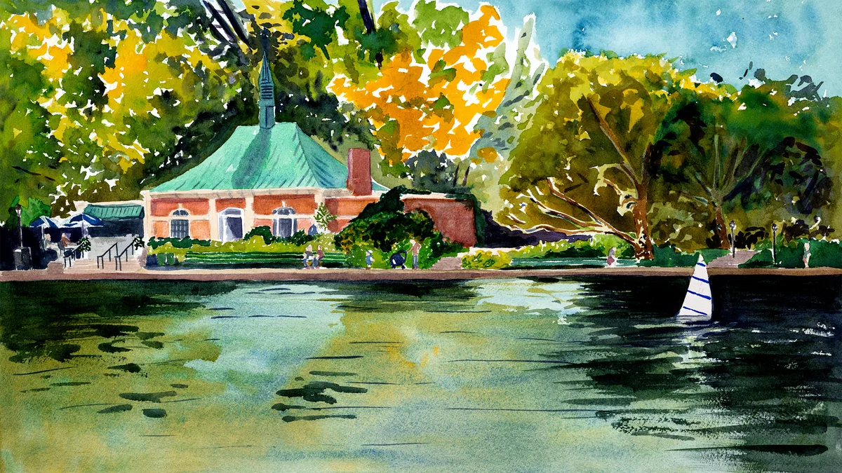 A watercolor of the Central Park Conservatory Water with a lone sailboat gliding across the water