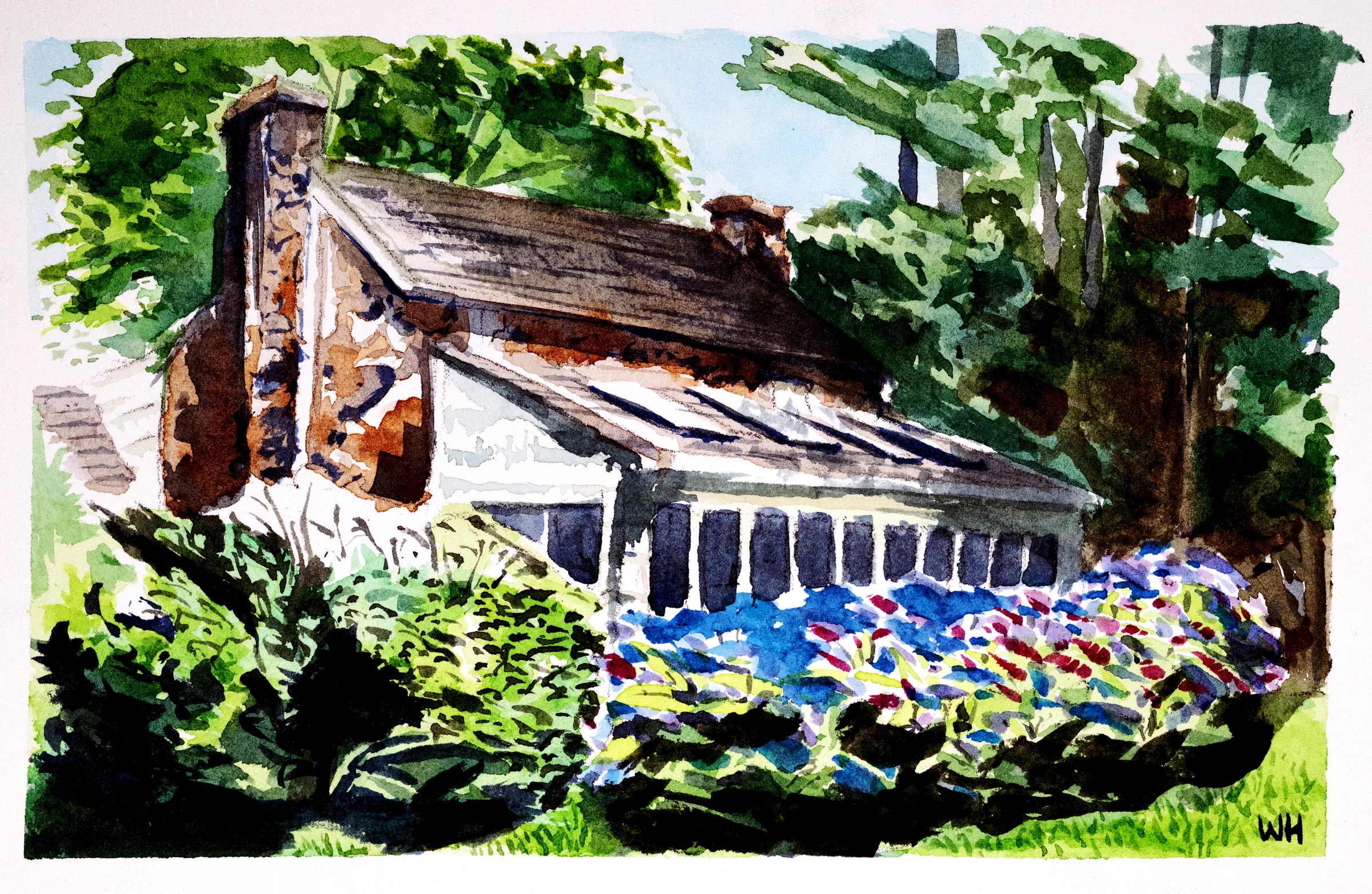A vibrant watercolor of a charming stone cottage.