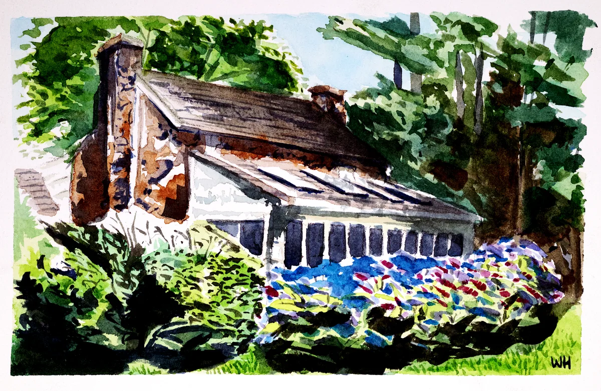 A vibrant watercolor of a charming stone cottage.