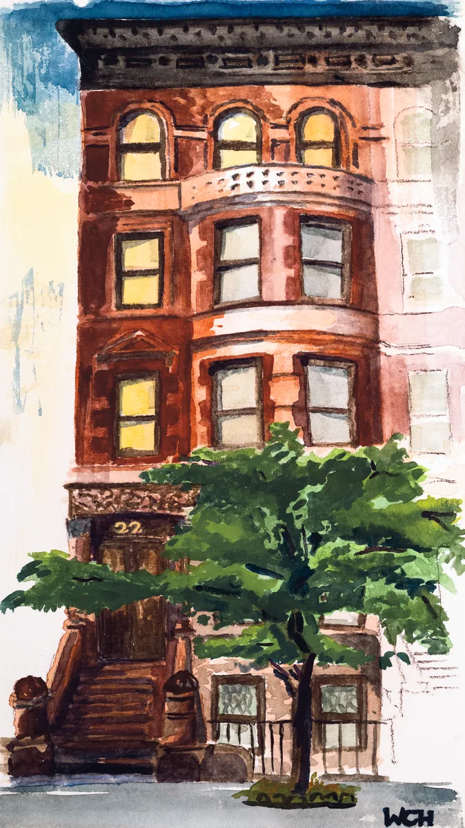 A watercolor of an Upper West Side brownstone