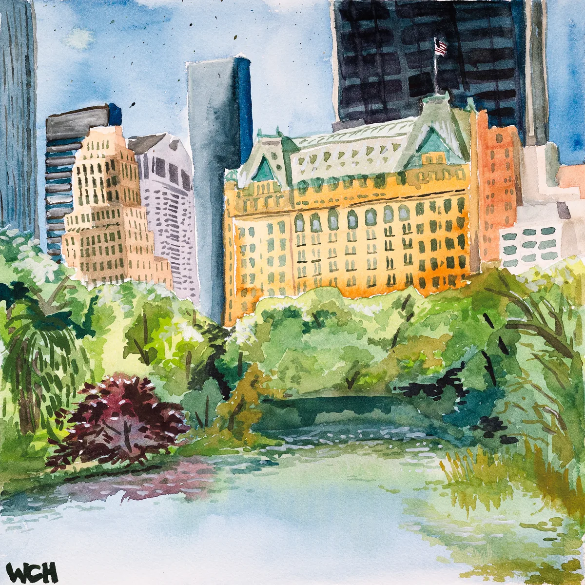 A watercolor of The Plaza as seen from Central Park's Pond