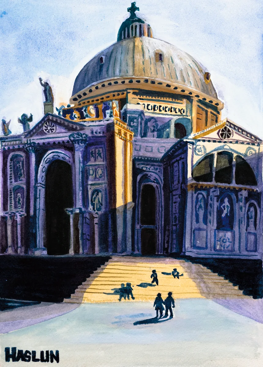A watercolor of Santa Maria della Salute in Venice, Italy