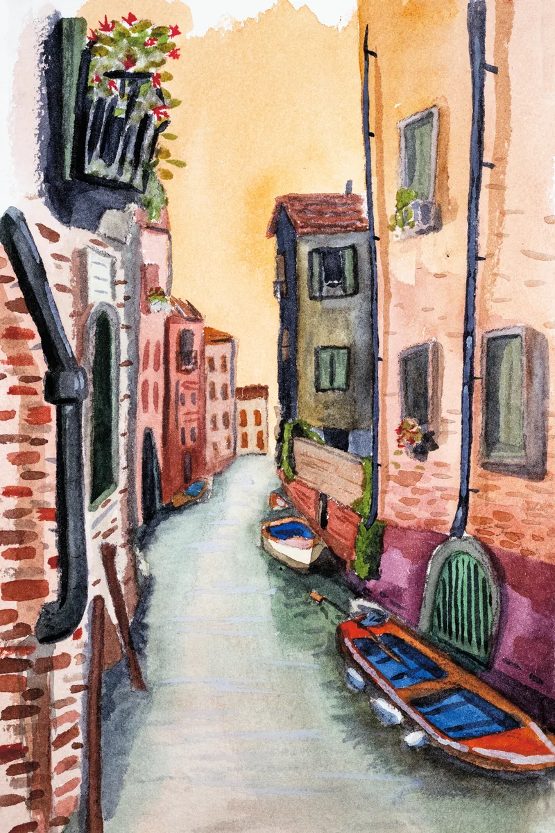 A watercolor of a quiet Venetian canal
