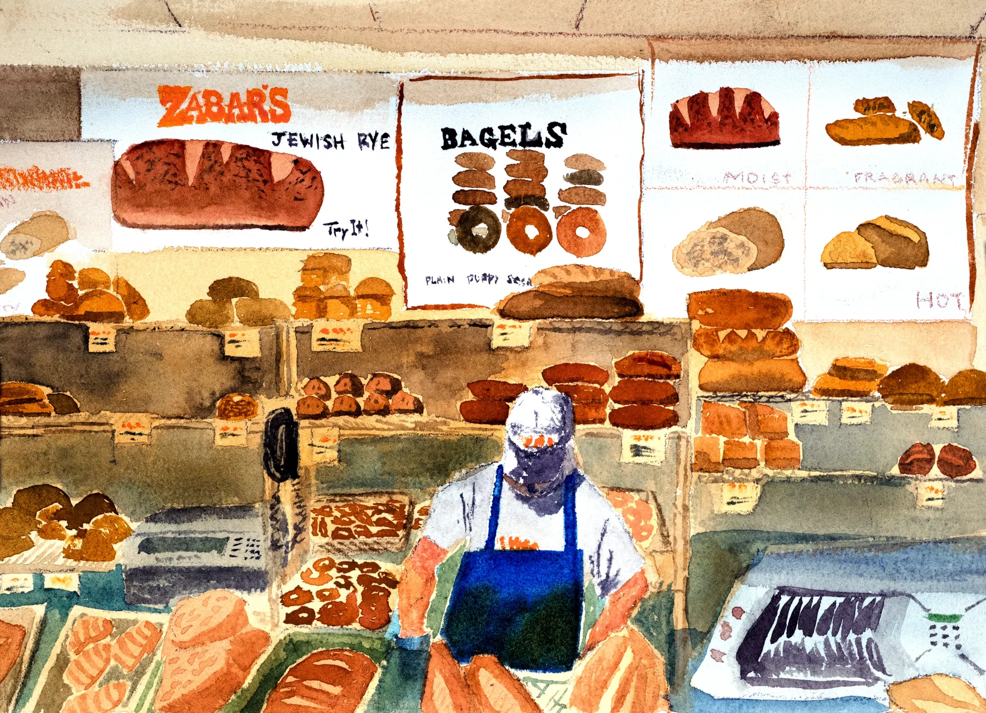 A watercolor painting of Zabar's bakery.